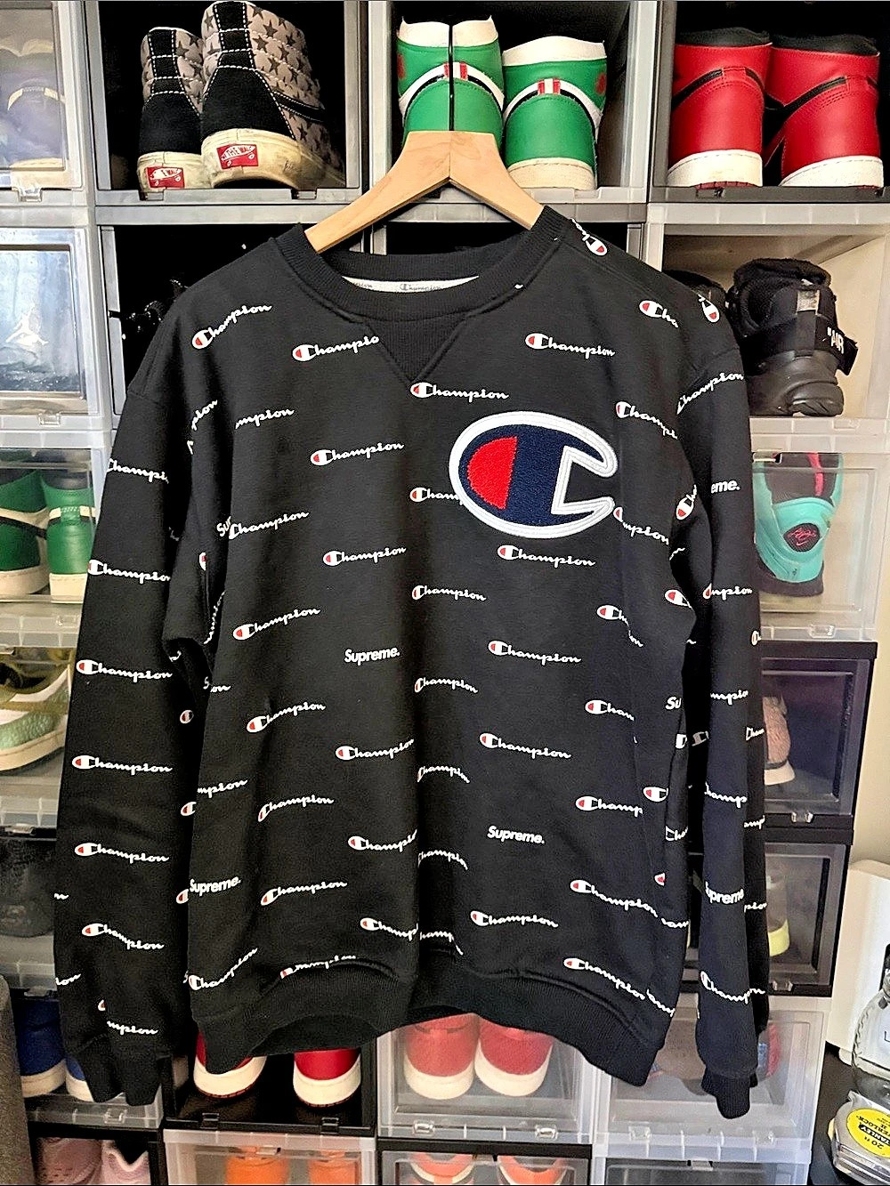 Champion x Supreme Logo Print Sweatshirt in Black & White Size Large Like New